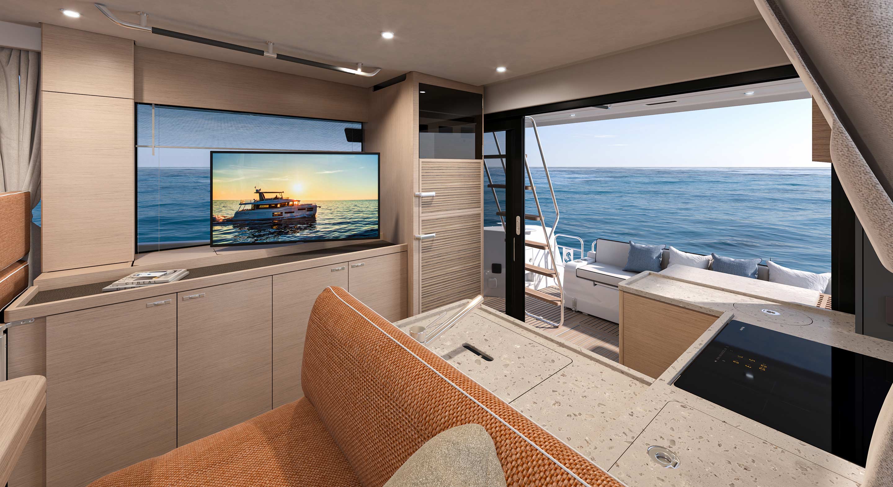 The saloon looking forward, with a screen and sofa beside the side windows
