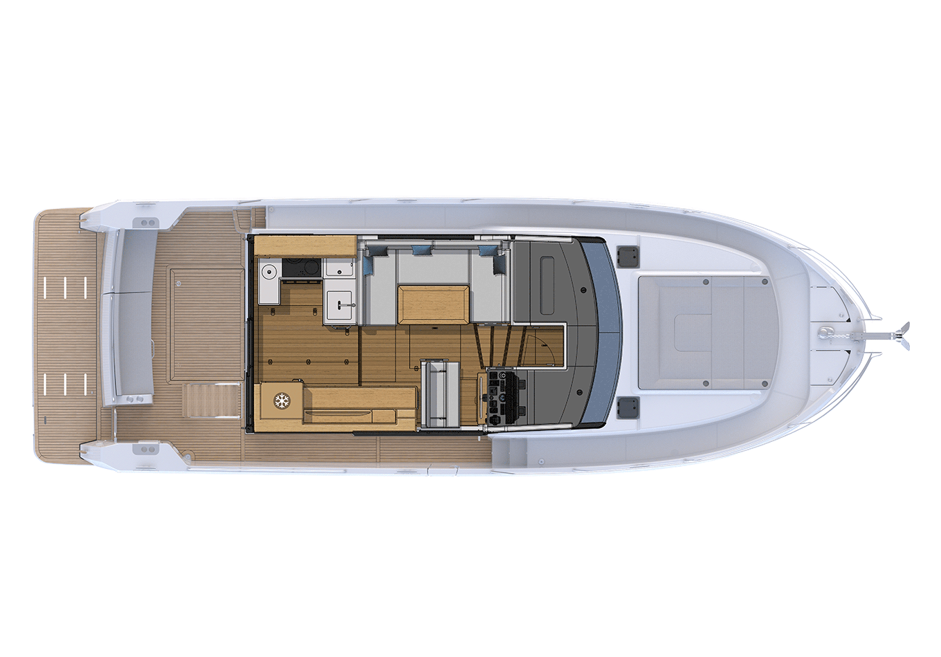 Main deck layout drawing showing the cockpit, aft galley and raised saloon