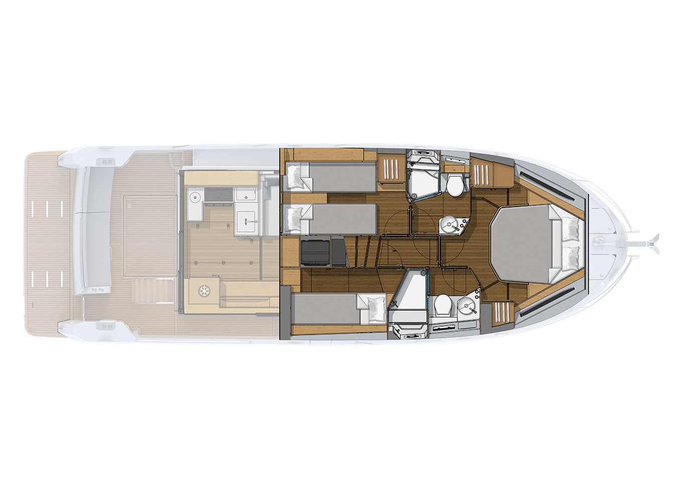 Lower deck layout drawing showing the cabins and heads