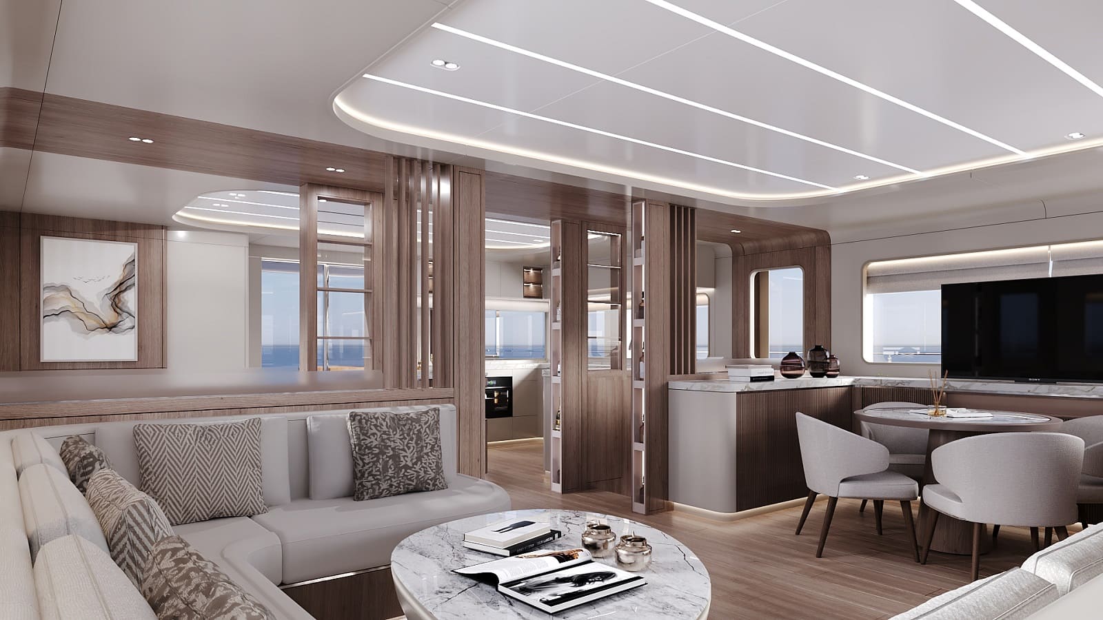 The saloon with sofa, coffee table and dining area forward