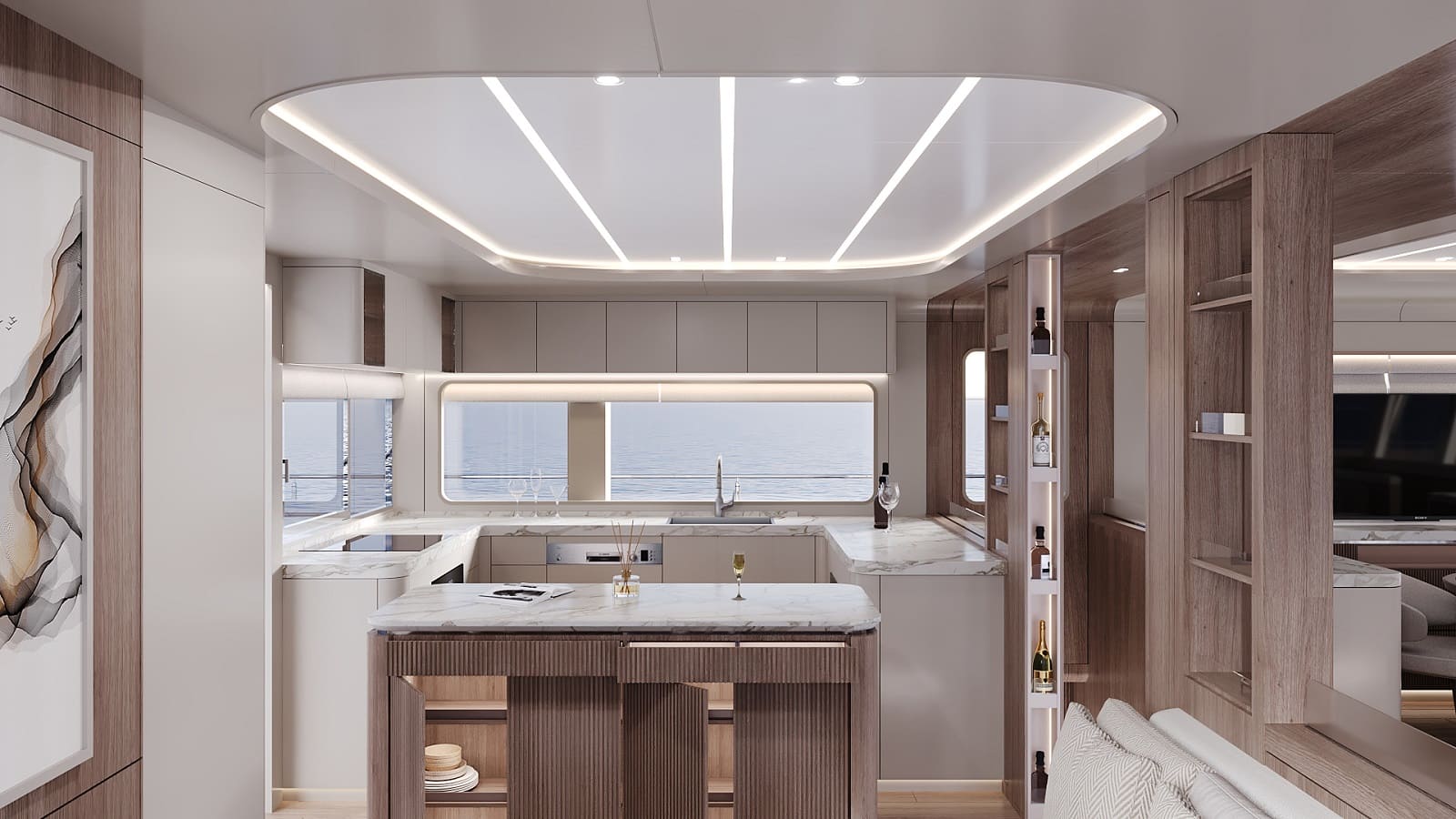 The galley island with panoramic windows behind it