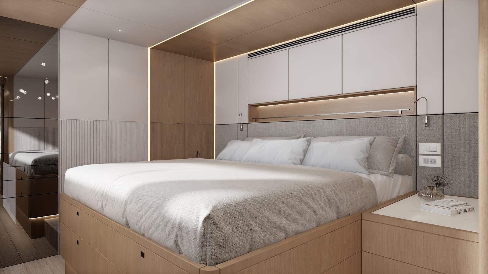 The master berth with fitted joinery either side