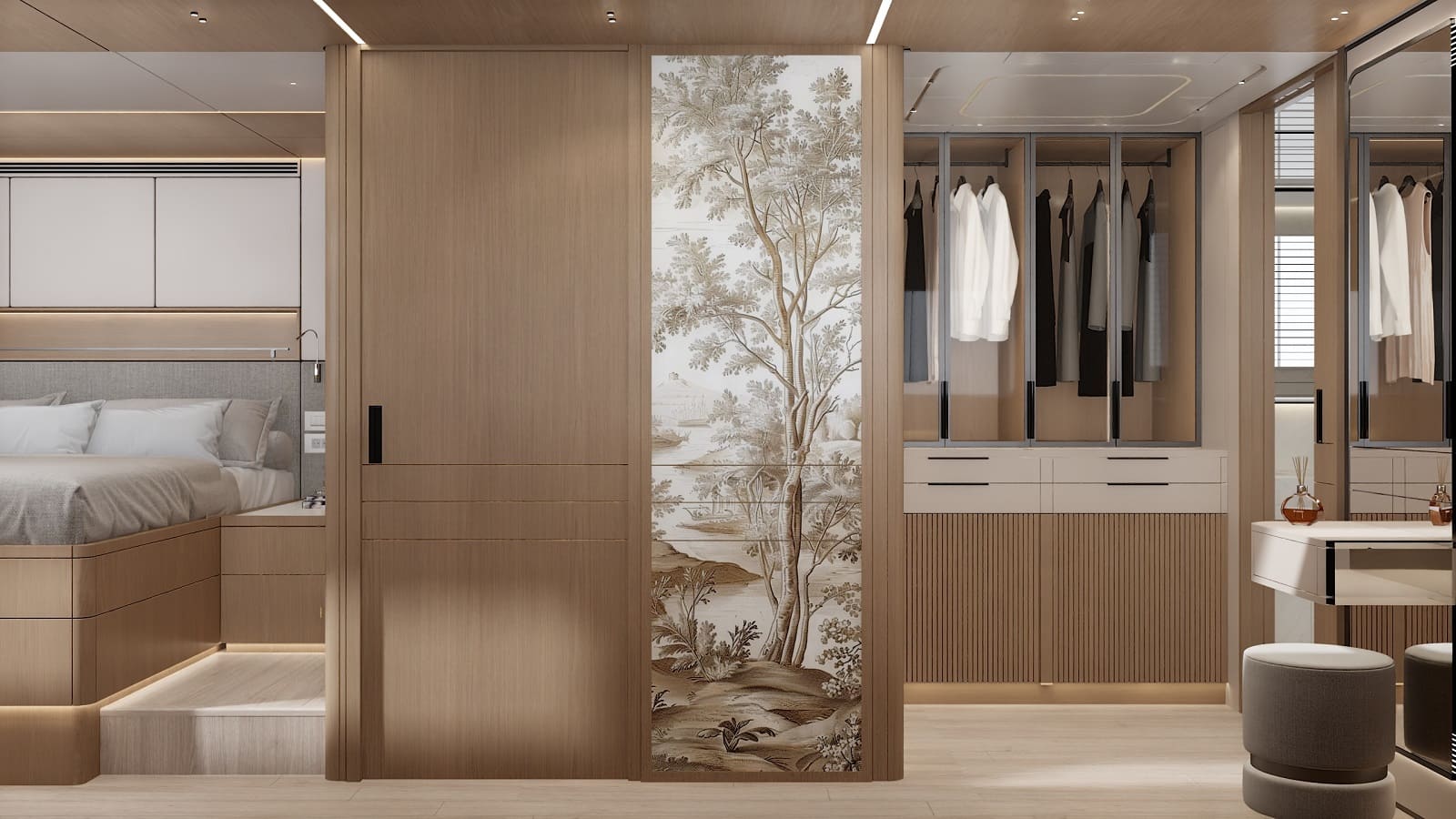 The master berth with the dressing area beyond a decorated panel