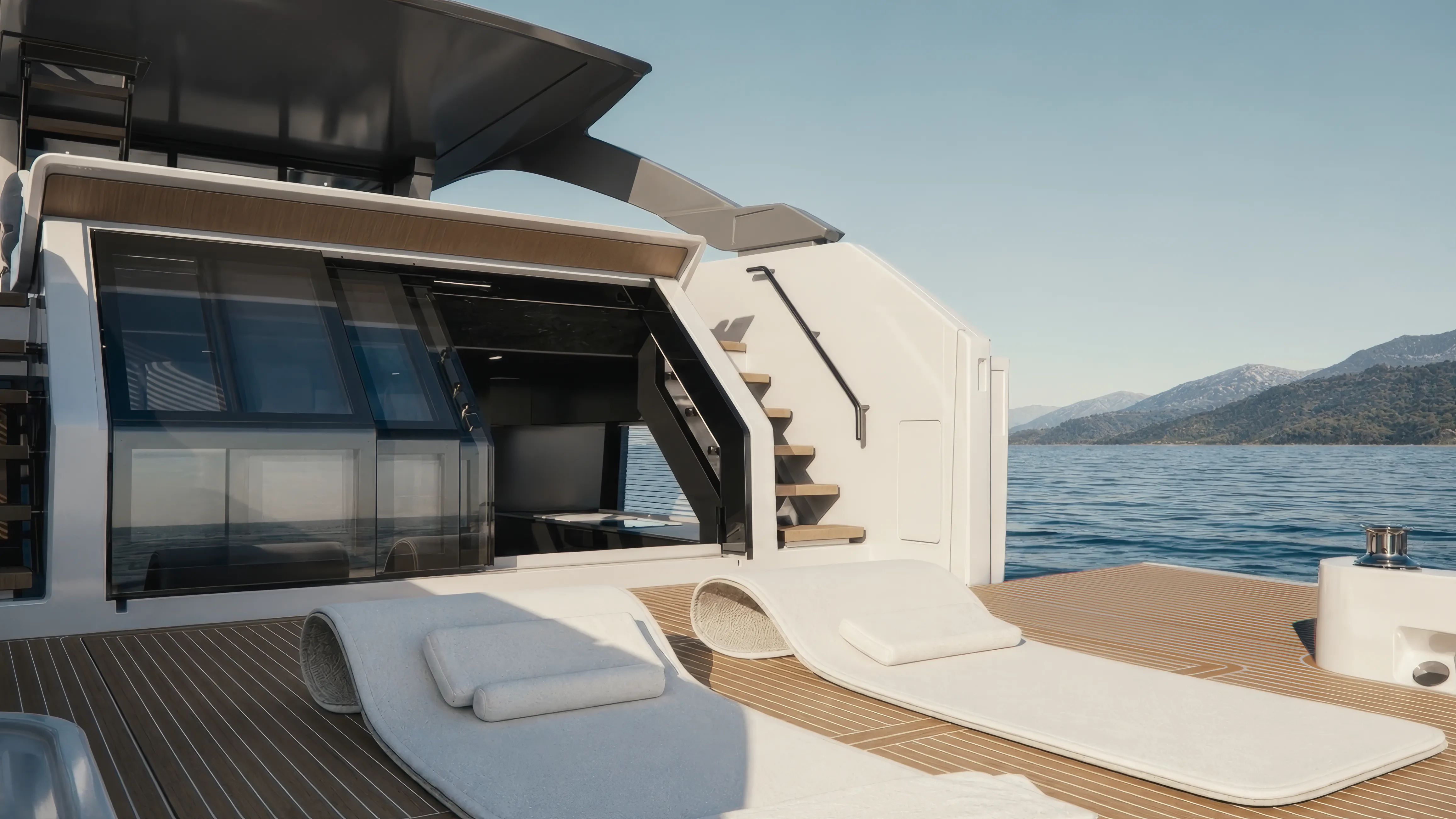 The cockpit lounge seating, with the side of the deck opened out