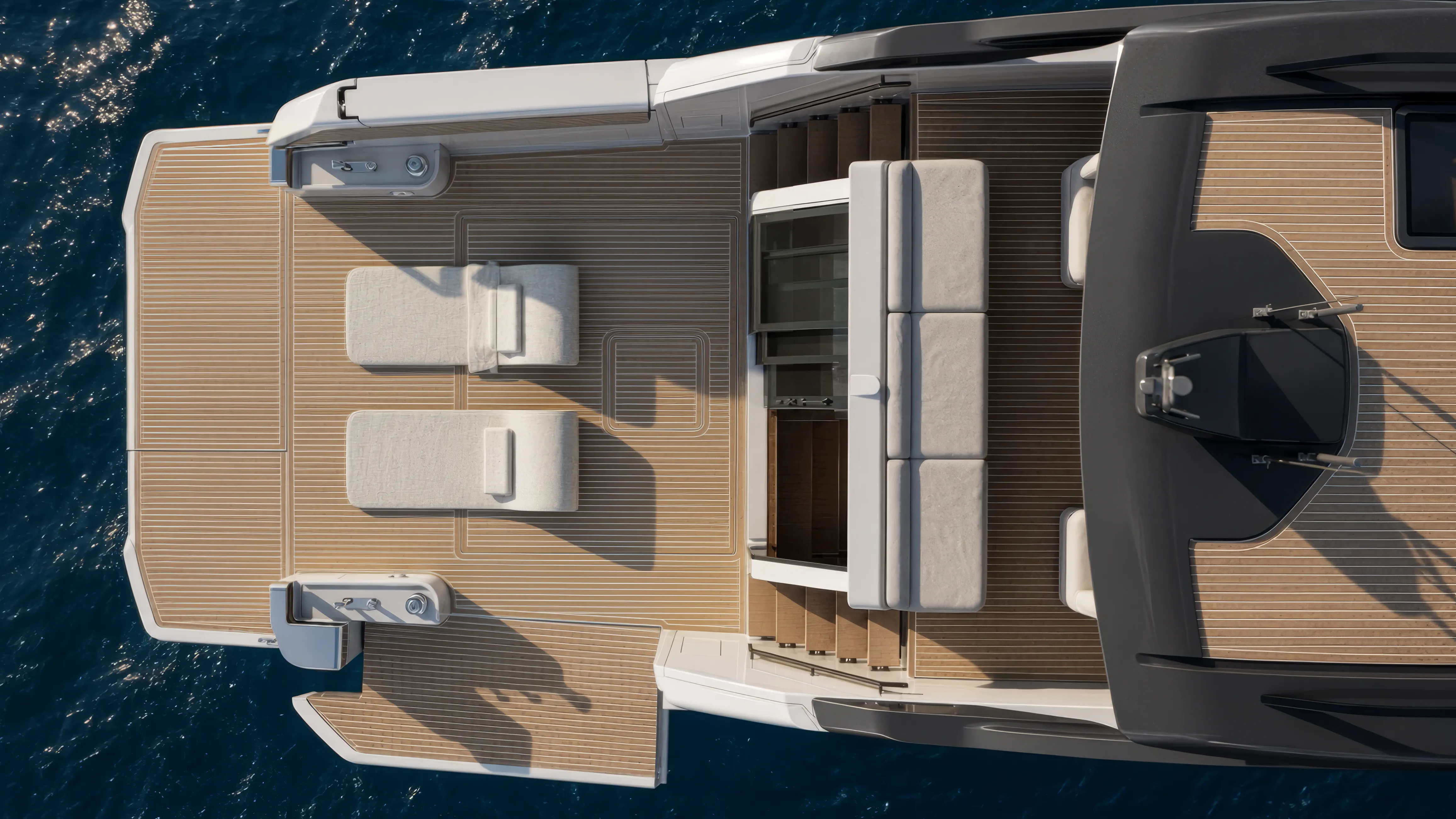 The aft deck seating area seen from above at anchor
