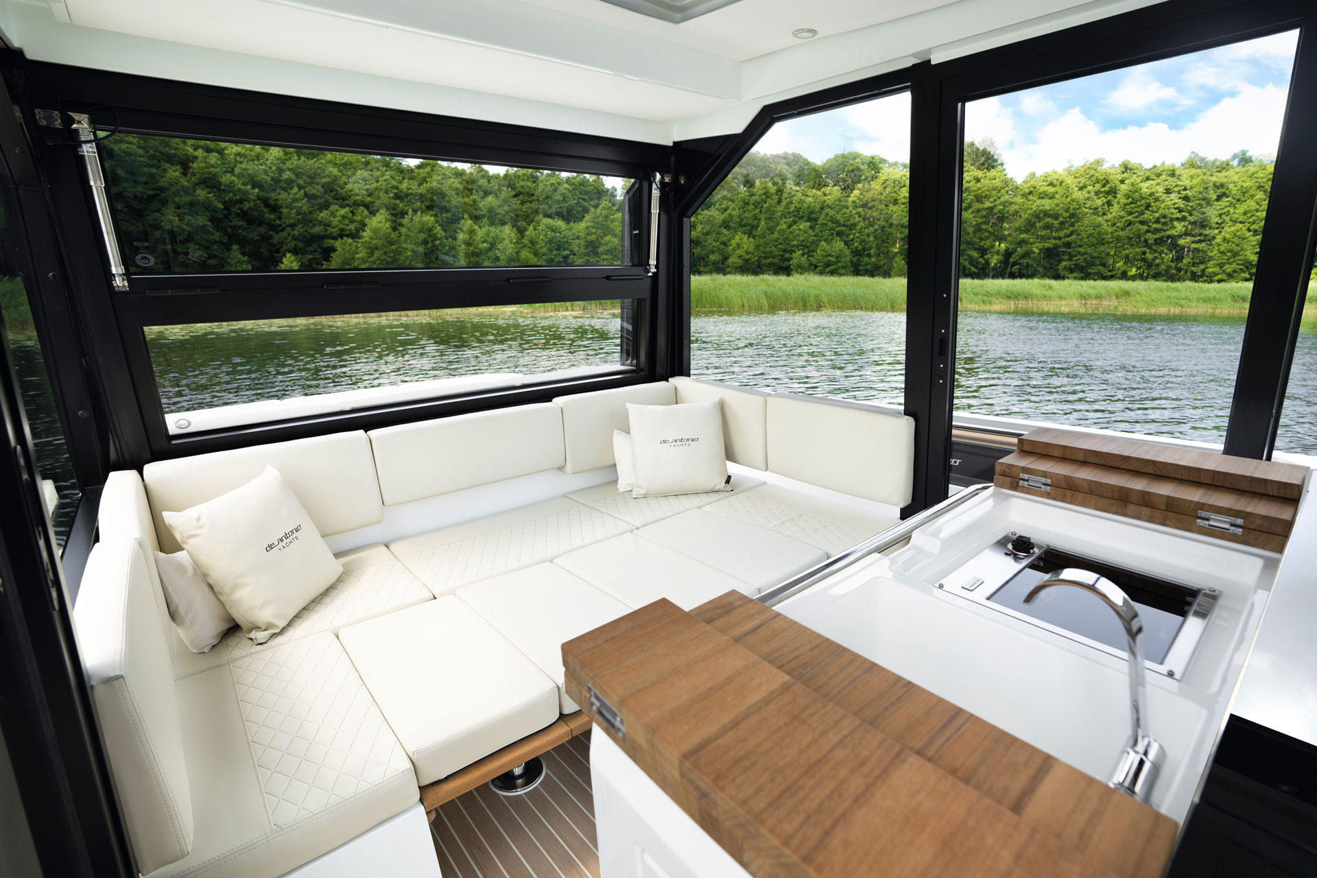 The cabin seating with a folding table and the side doors slid open