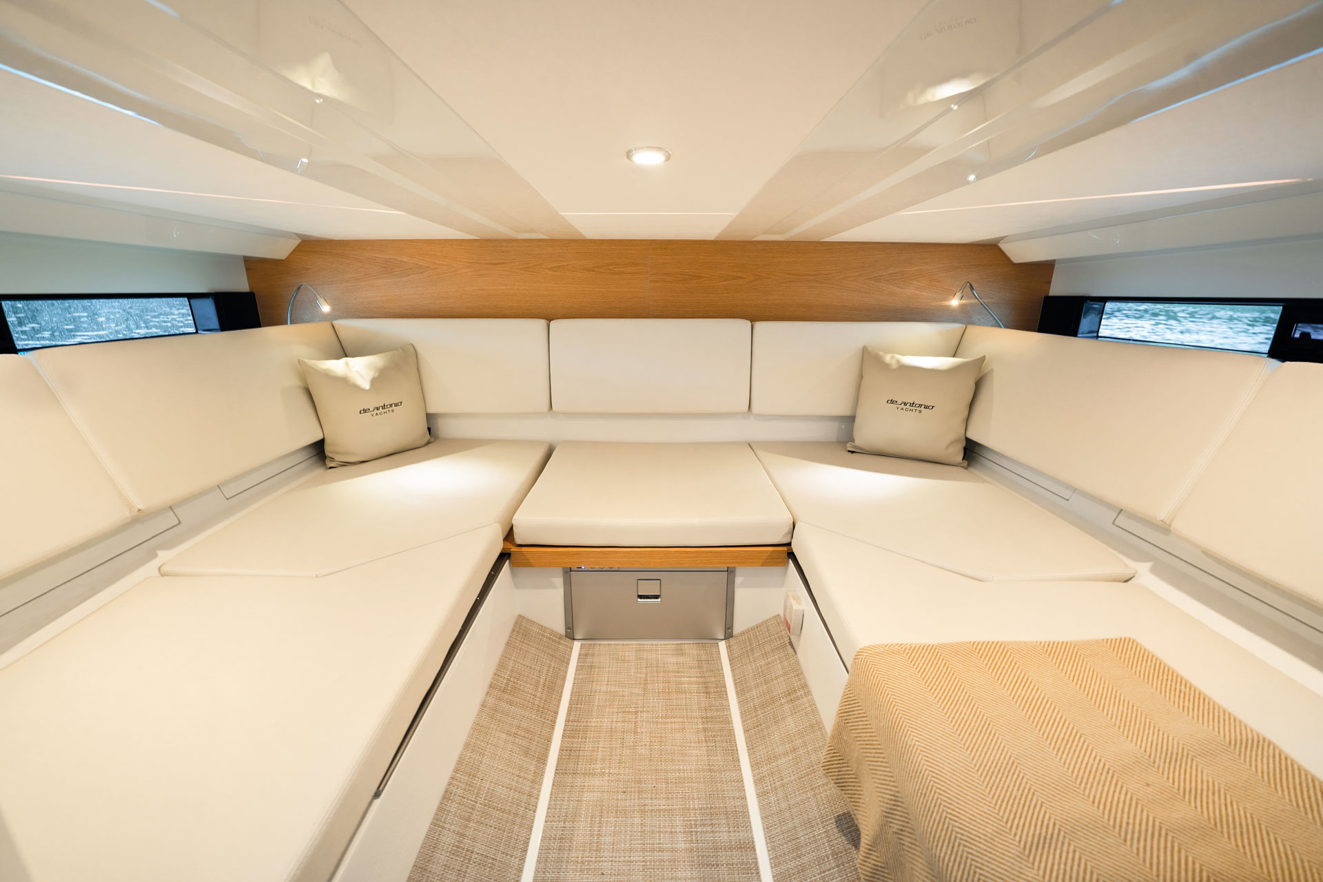 The forward cabin with its berth and cushions