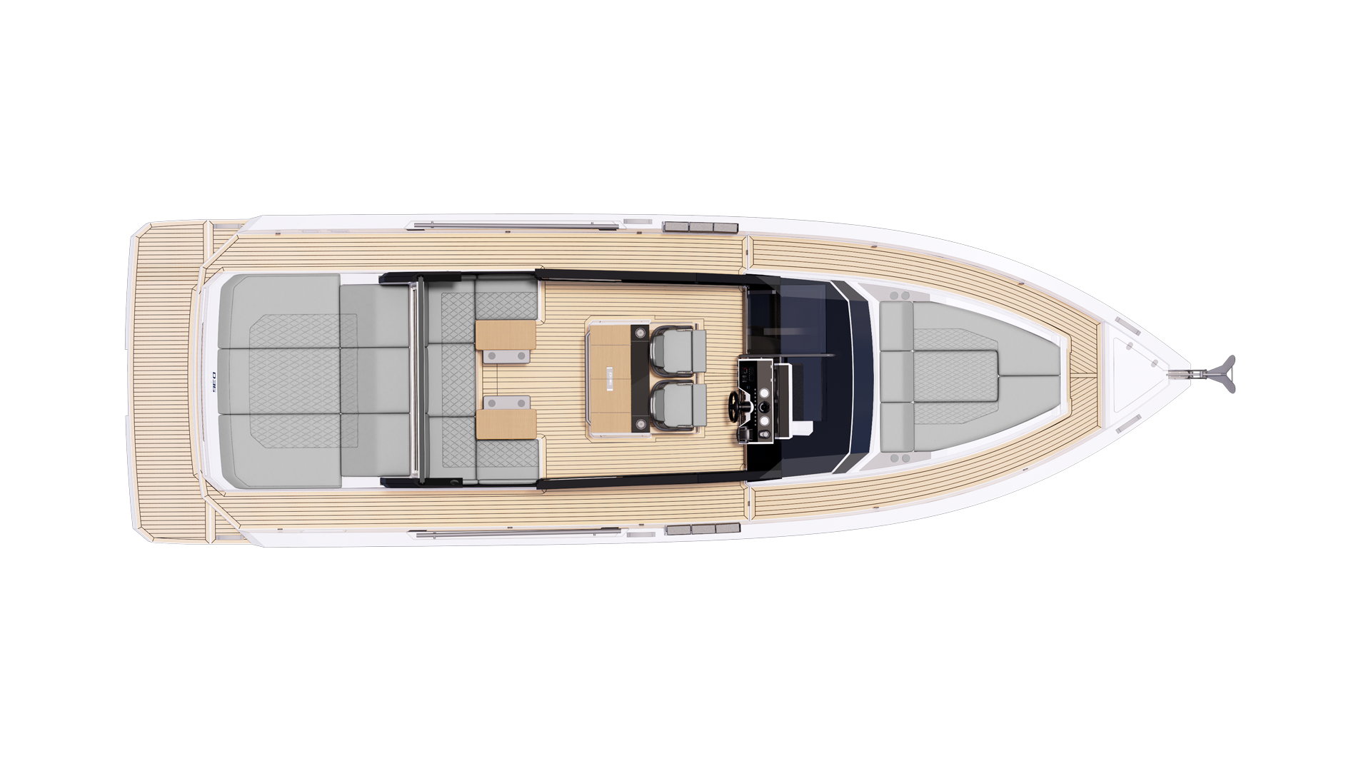 General arrangement drawing of the D36 Cabin main deck with a teak-laid deck, seen from above: the aft sunpad, the helm with twin seats, and the bow seating forward of the windscreen