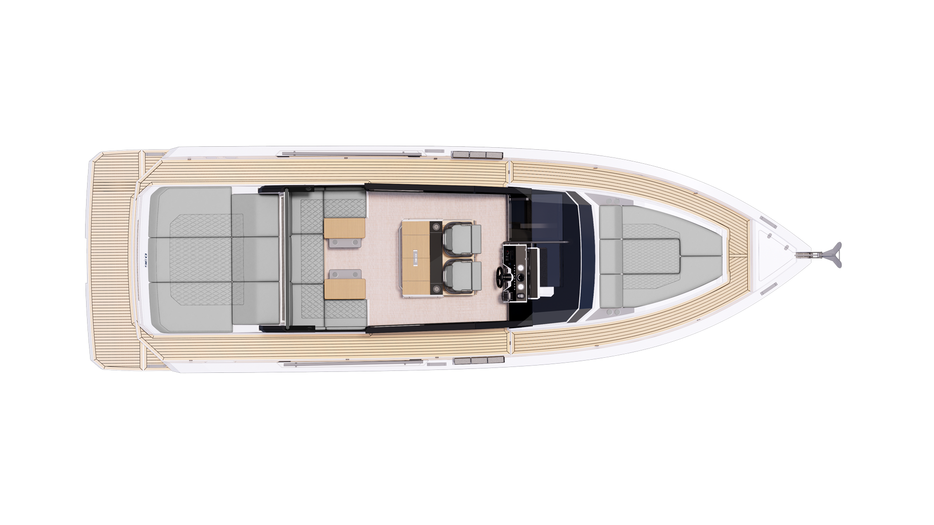 The same D36 Cabin main deck drawing with moquette in place of teak, showing the identical arrangement in the alternative deck finish