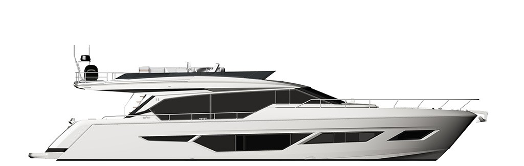 Side profile drawing of the Ferretti Yachts 720 in the hardtop version, showing the hull windows, the flybridge and the raised foredeck
