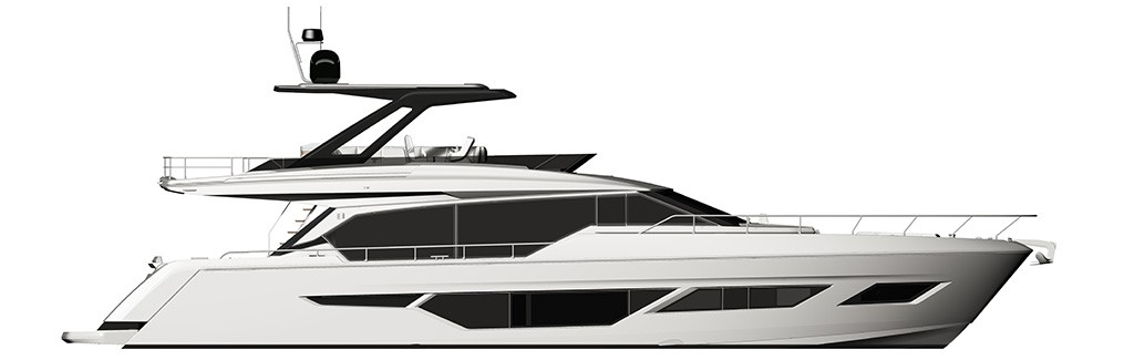 Side profile drawing of the Ferretti Yachts 720 with the radar arch above the flybridge, otherwise matching the hardtop profile