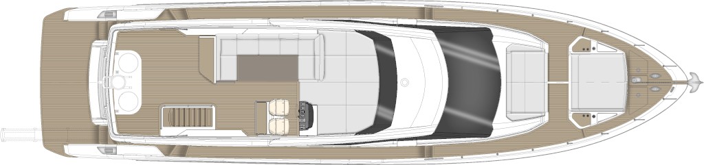 General arrangement drawing of the Ferretti Yachts 720 flybridge, seen from above: the upper helm with twin seats, seating and a wet bar aft, and the foredeck sunpad forward