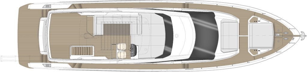 The alternative Ferretti Yachts 720 flybridge arrangement seen from above, with the aft section laid out differently from the standard plan