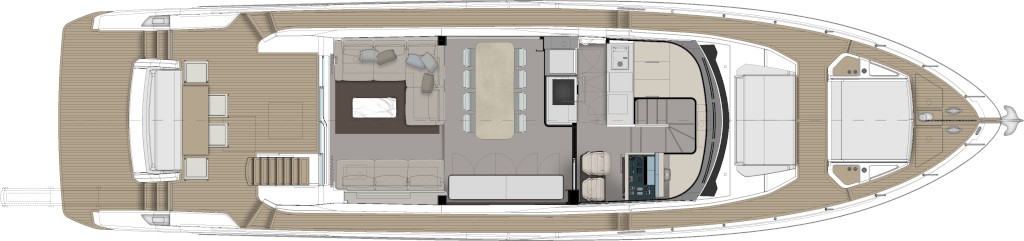 General arrangement drawing of the Ferretti Yachts 720 main deck, seen from above: the cockpit aft, the saloon and dining area amidships, the galley and lower helm forward, and the bow sunpad