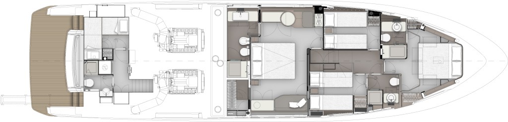 General arrangement drawing of the Ferretti Yachts 720 lower deck, seen from above: the guest cabins with their heads, the engine room aft and the crew quarters