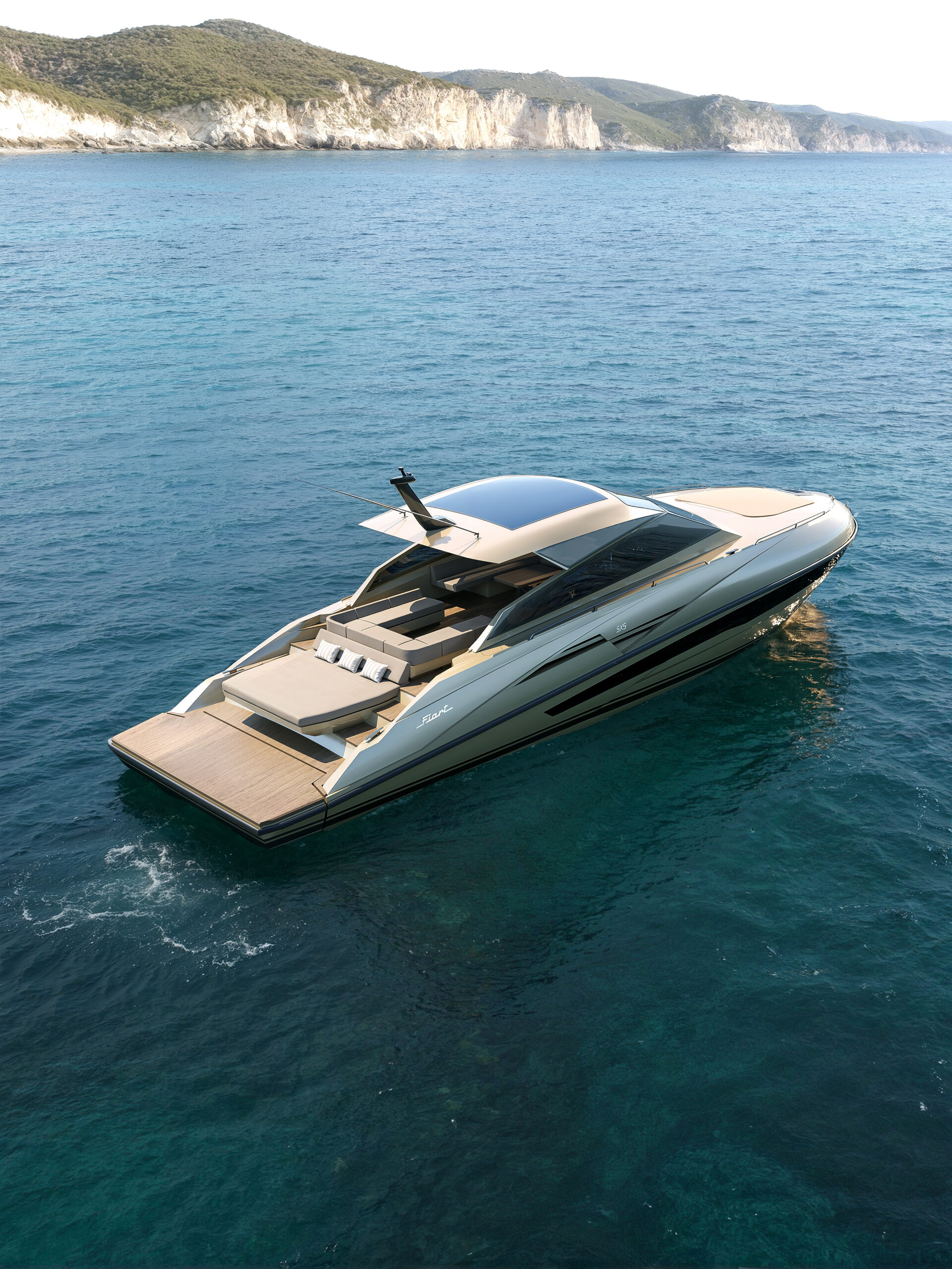 The SX5 seen from astern and above, the beach platform open at the stern