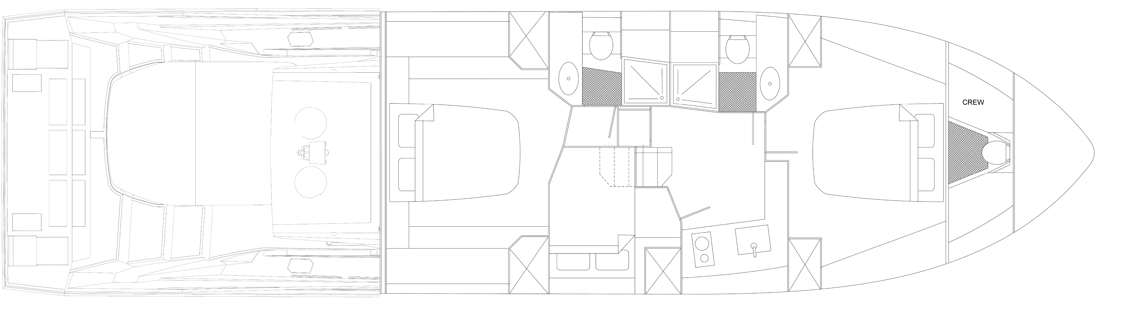 Lower deck layout drawing in the three-cabin version