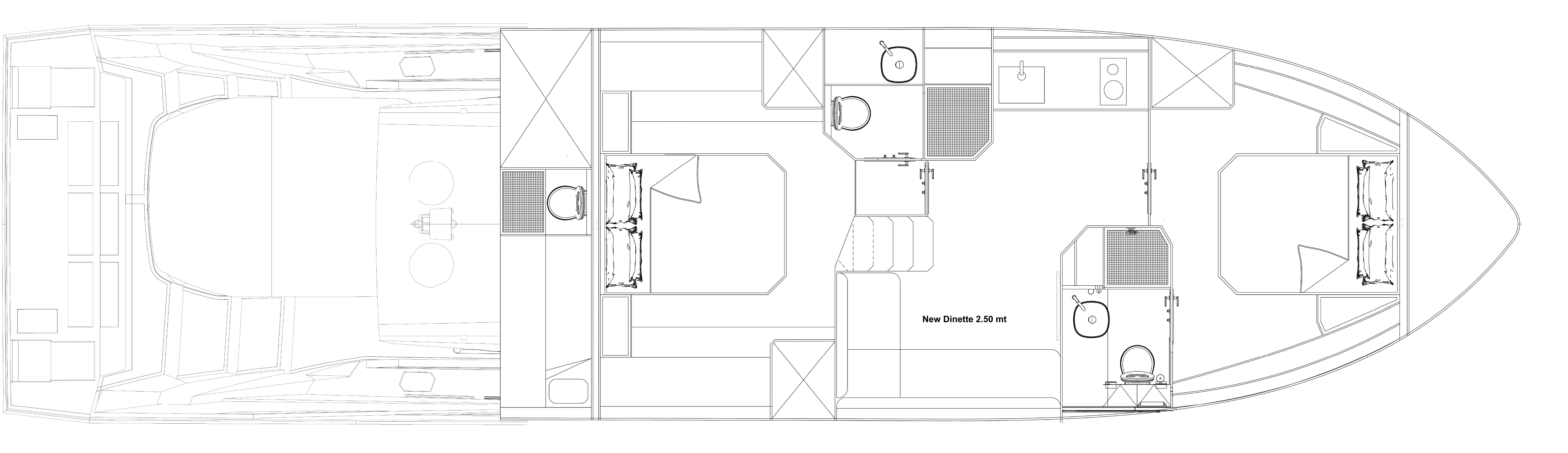 Lower deck layout drawing in the two-cabin version