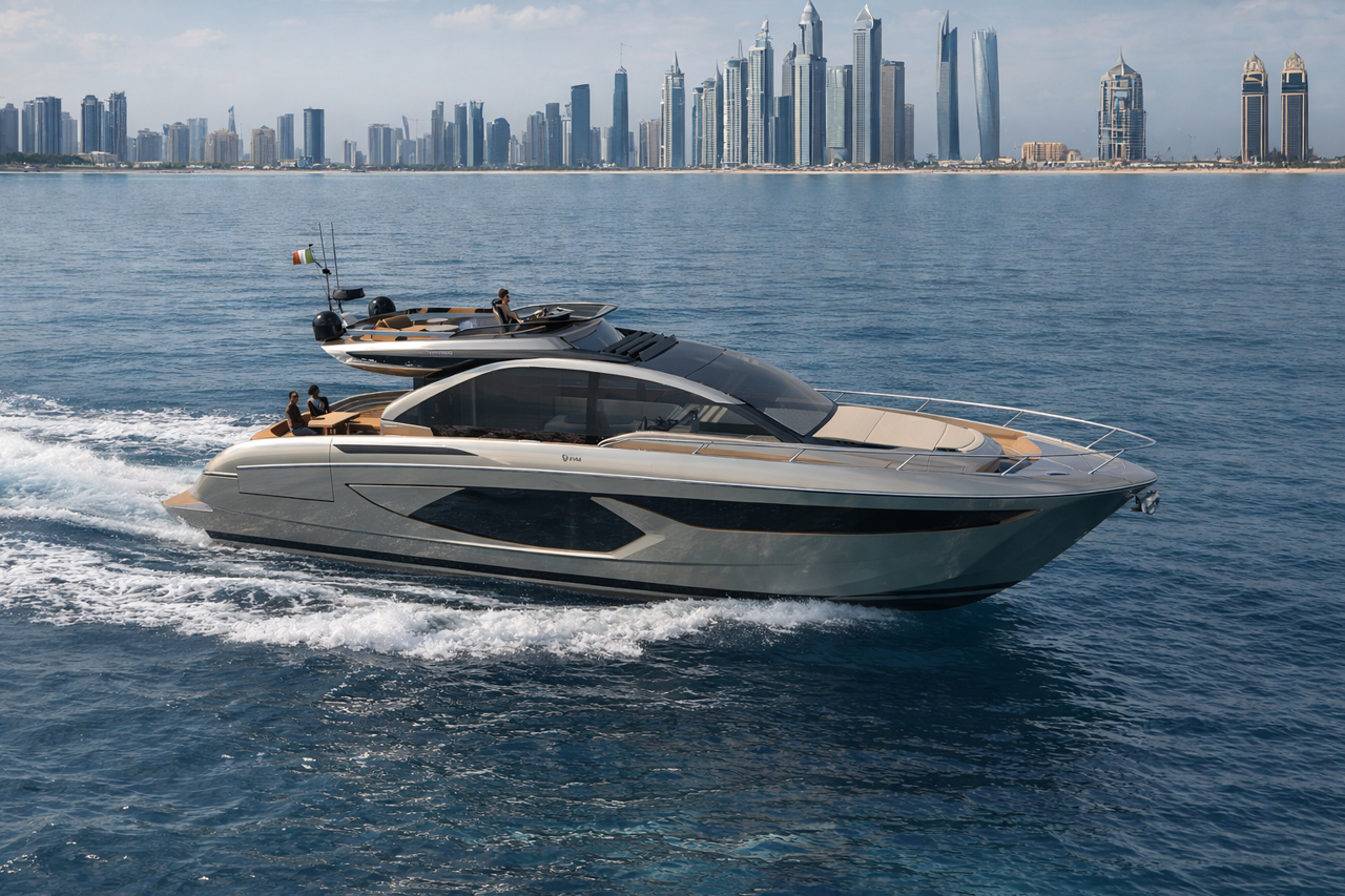 The boat running past a distant city skyline