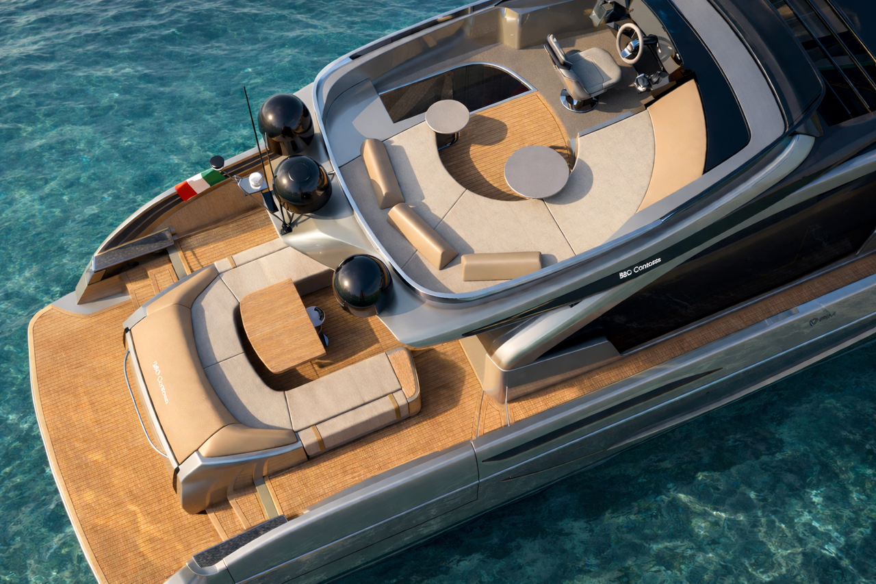 Looking down onto the foredeck and its sunpad from above