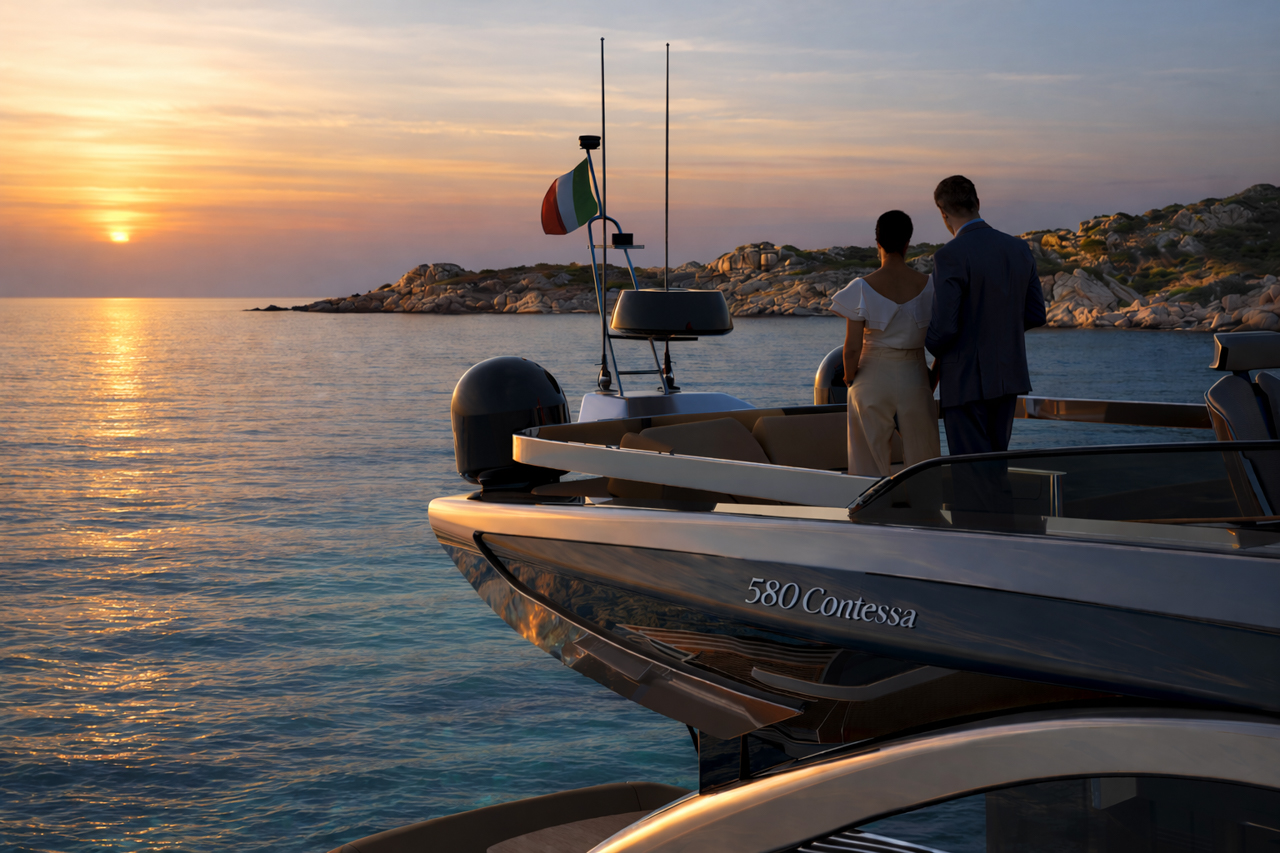 Two people on the aft deck at sunset