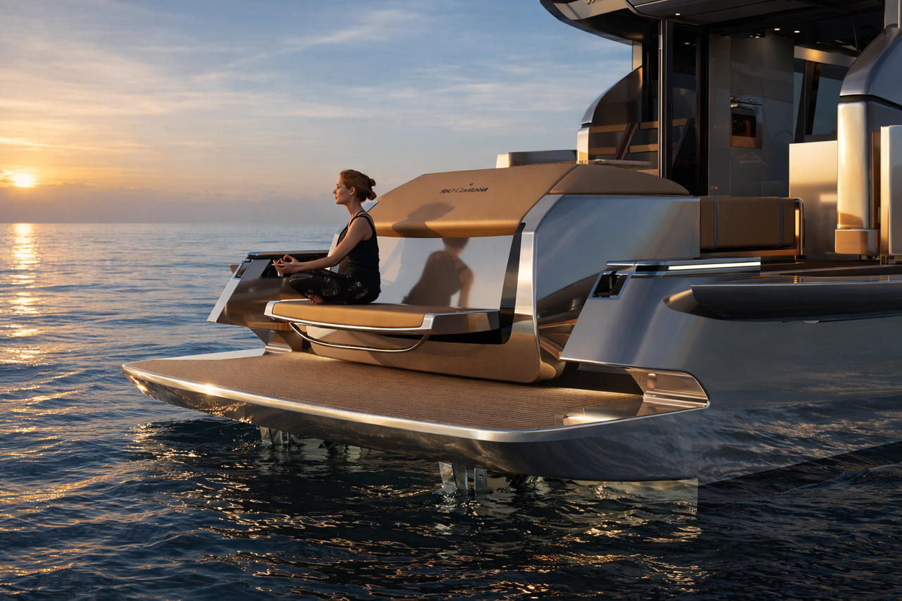 A figure seated at the stern with the bathing platform at the waterline
