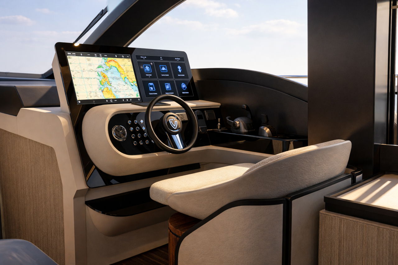 The interior helm with its wheel, screens and companion seating