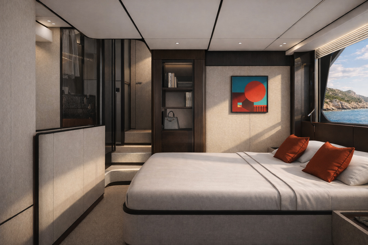 A cabin with a double berth, artwork above and a window to the side
