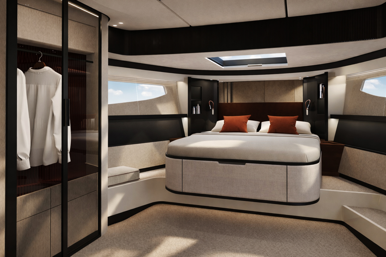 A cabin with a wardrobe alongside the berth