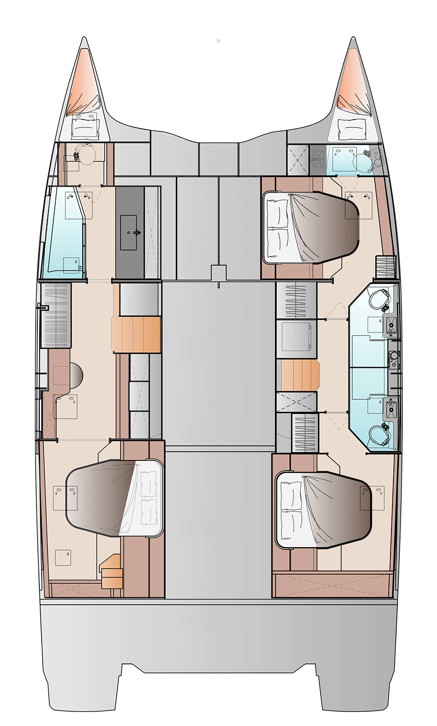 Accommodation plan of the Full Maestro version, the whole port hull given to the owner
