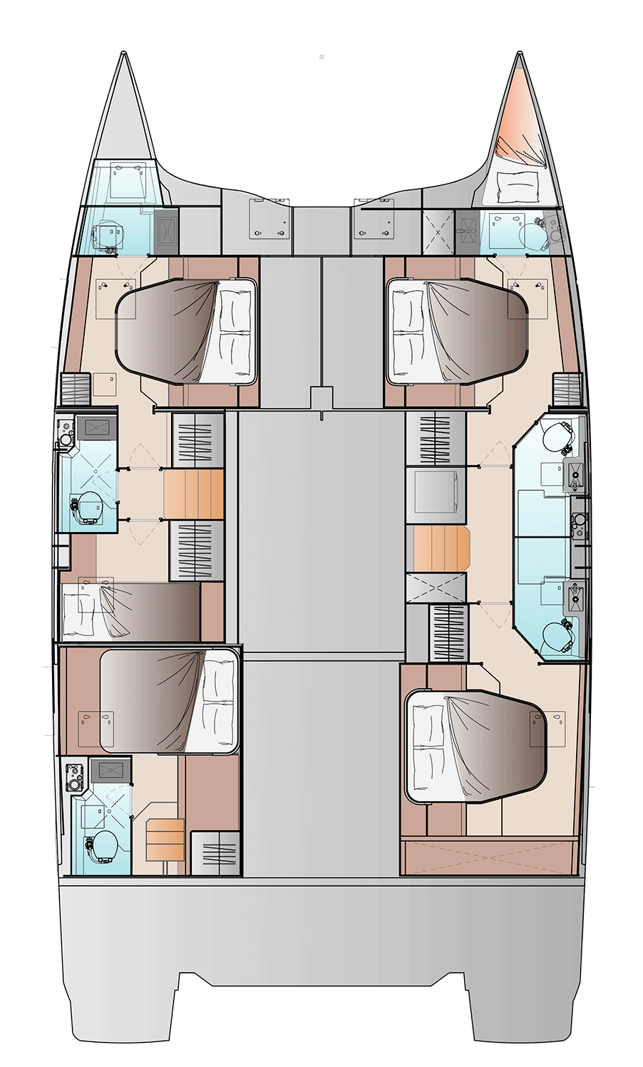 Accommodation plan of the Quintet version, separate cabins in both hulls