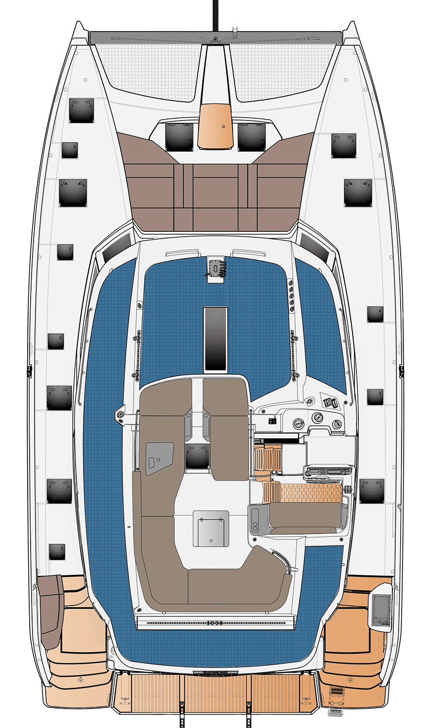 Plan of the flybridge and the helm above the cockpit