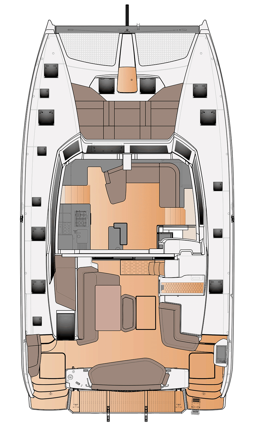 Plan of the main deck, the saloon, galley and cockpit