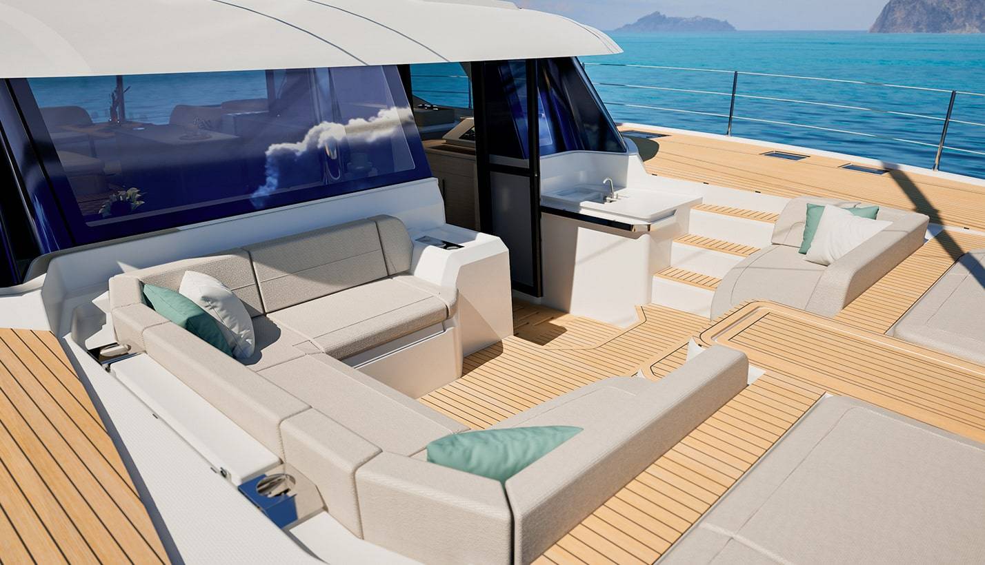 The flybridge helm and its seating under the hardtop