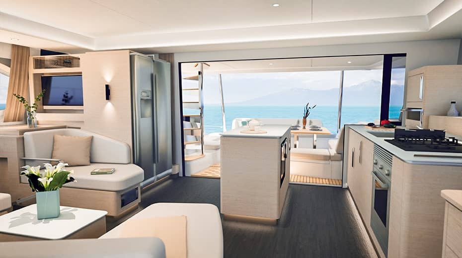The galley and saloon looking aft to the open cockpit doors