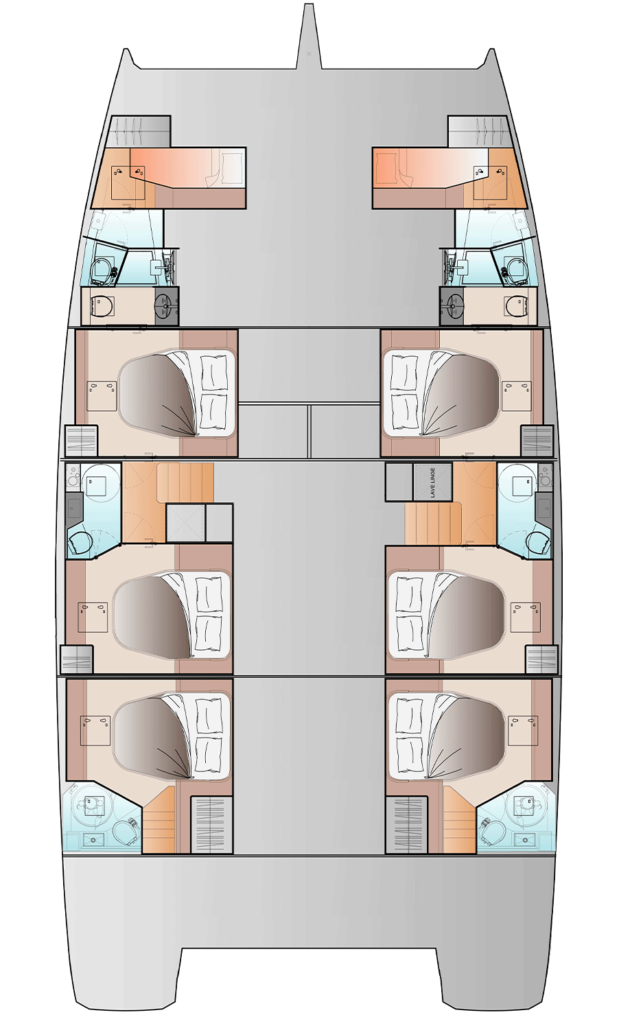 Accommodation plan of the Charter version, six cabins