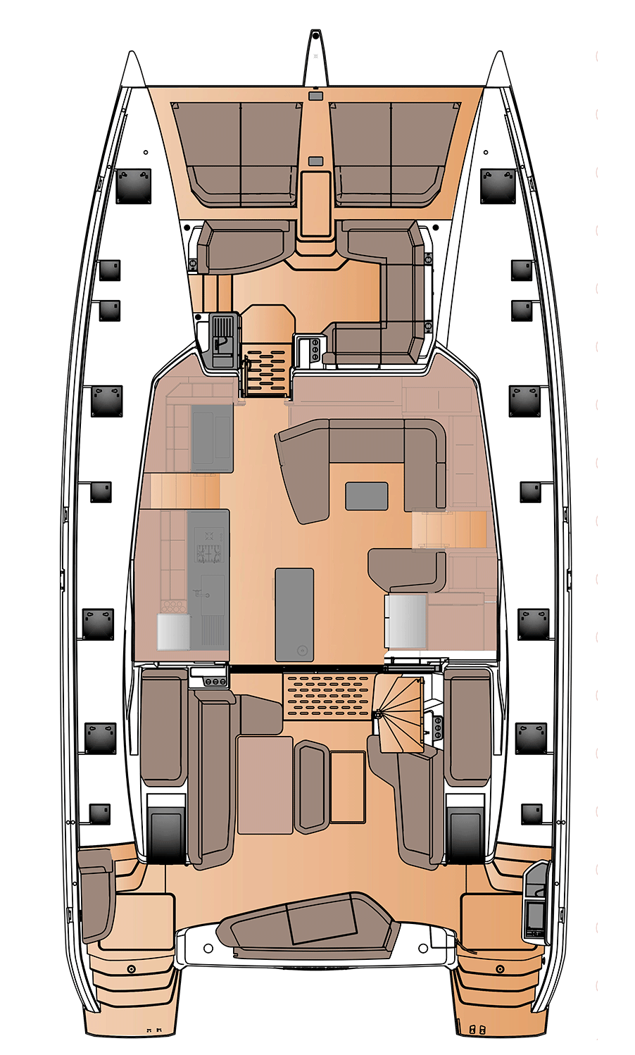 Plan of the main deck, the saloon, galley and cockpit