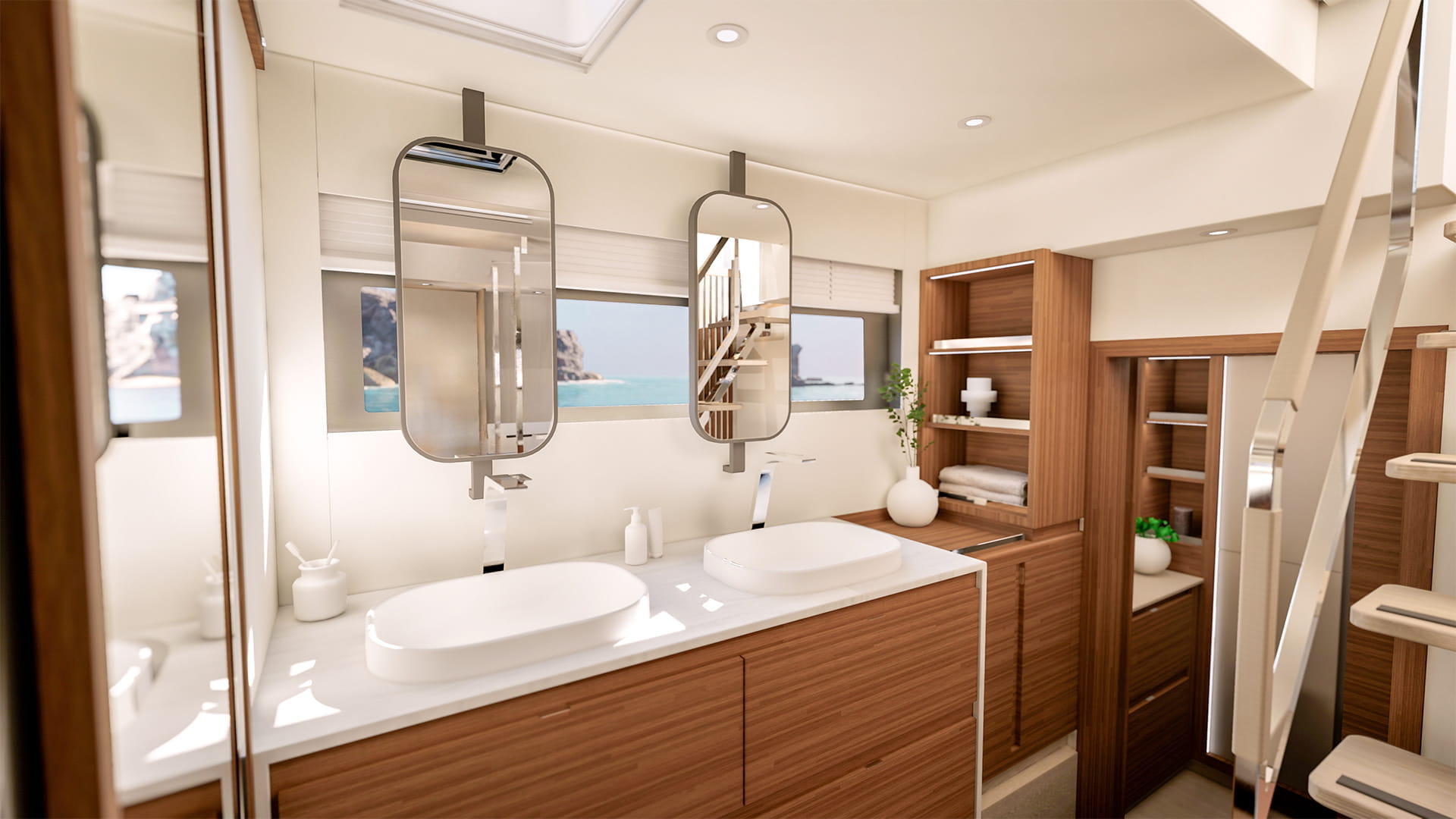 A heads compartment with a basin, a round mirror and open shelves