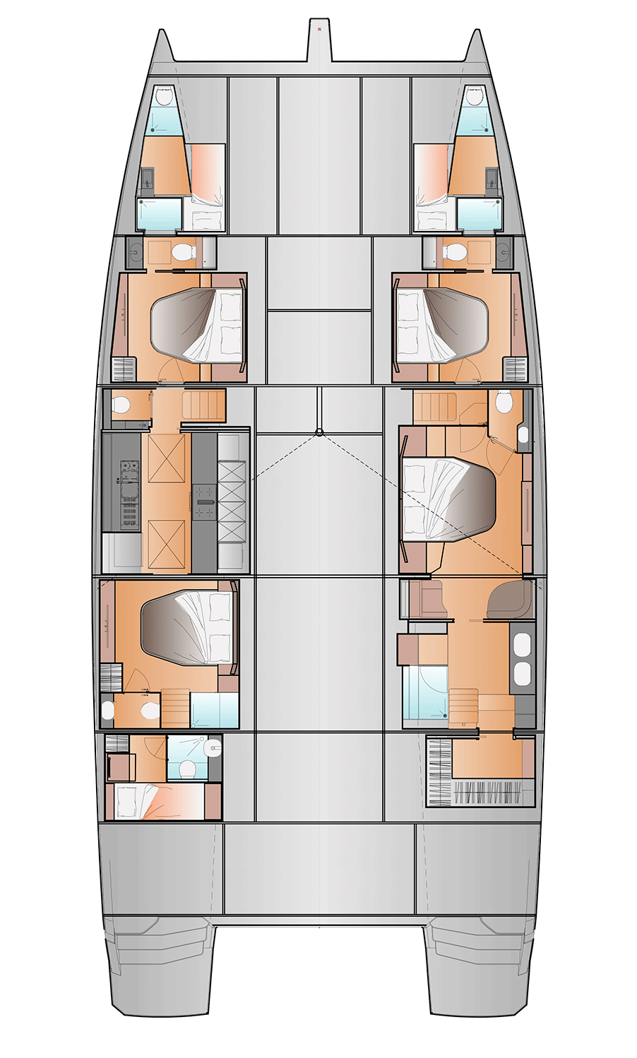 Accommodation plan of the Maestro 3 Guests version, the galley down in the port hull