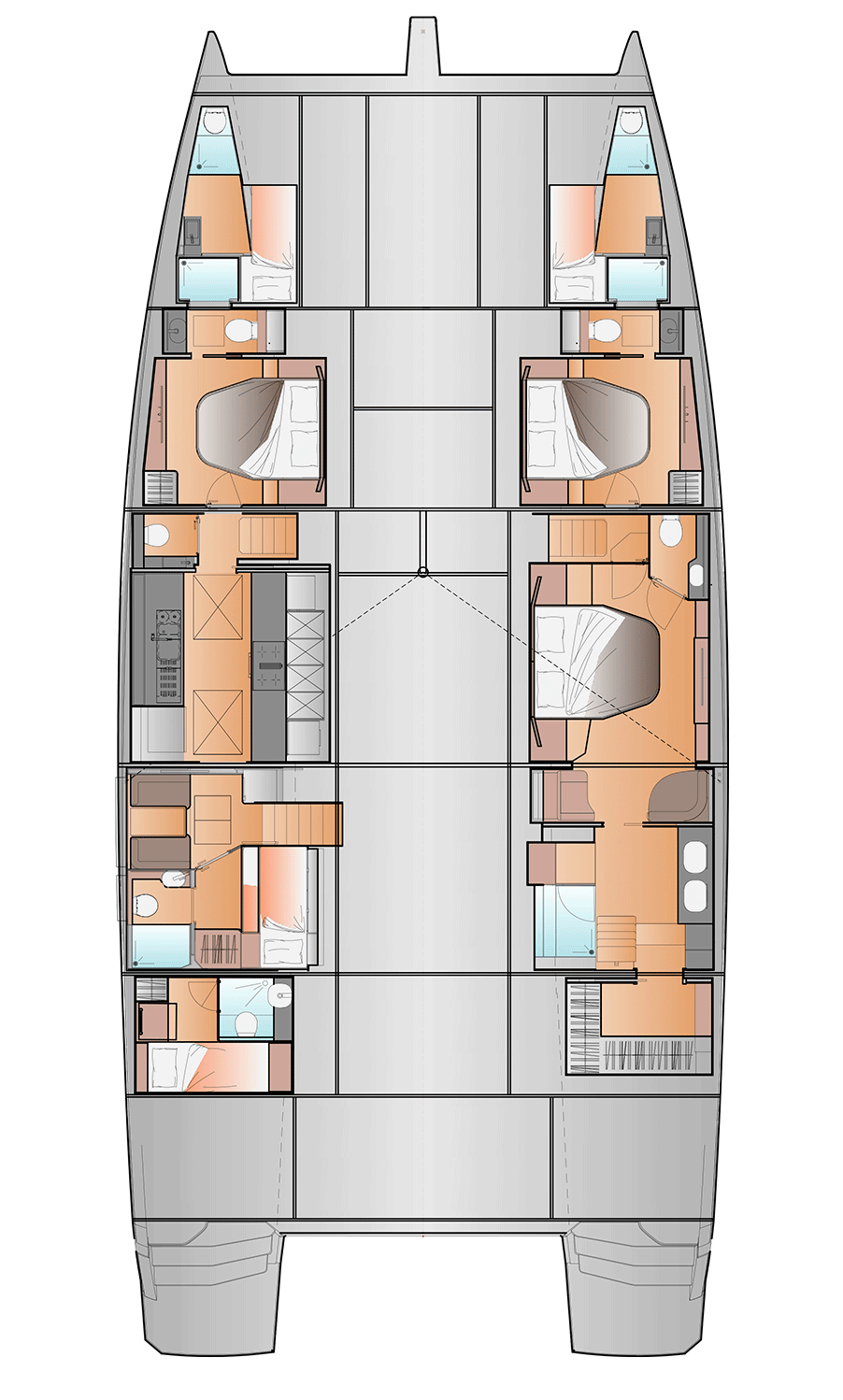 Accommodation plan of the Maestro 2 Guests version, the galley down in the port hull
