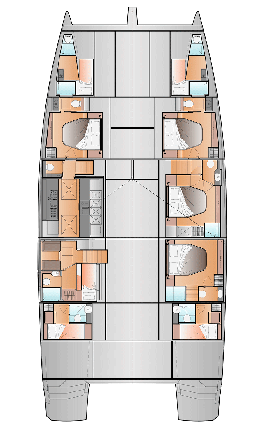 Accommodation plan of the 4 Cabins version, the galley down in the port hull
