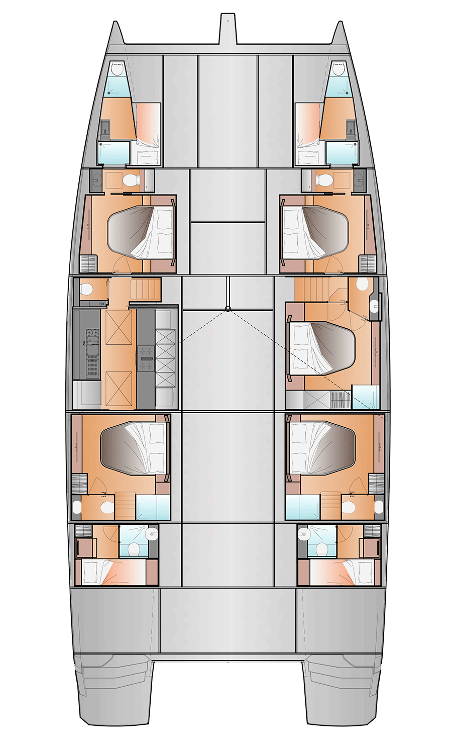 Accommodation plan of the 5 Guests version, the galley down in the port hull