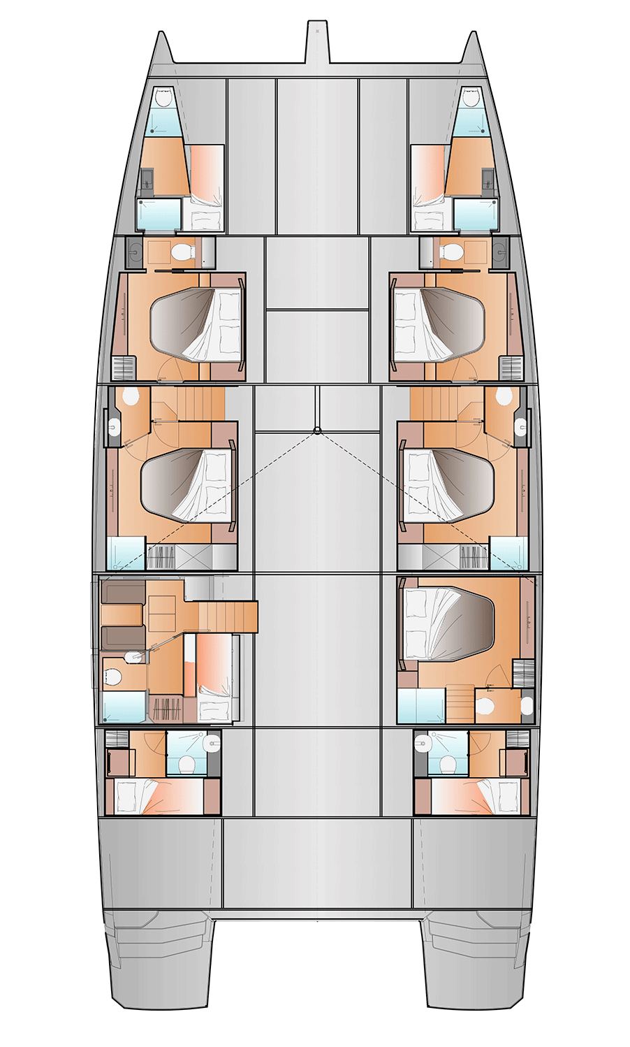 Accommodation plan of the 5 Guests version with the galley up on the main deck