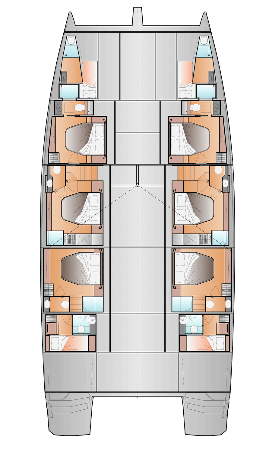 Accommodation plan of the 6 Cabins version with the galley up on the main deck