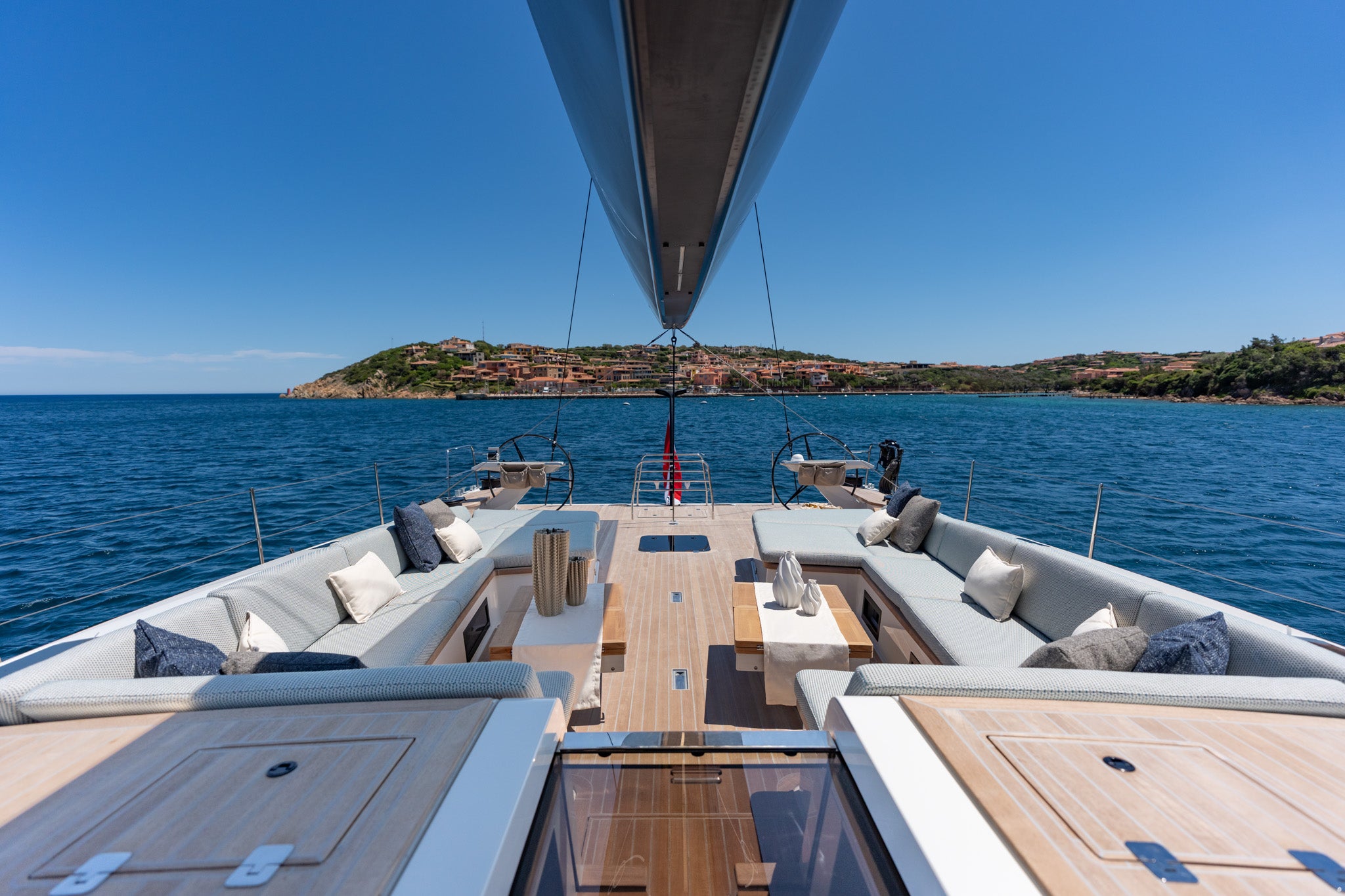 Looking forward along the deck from the cockpit, seating either side