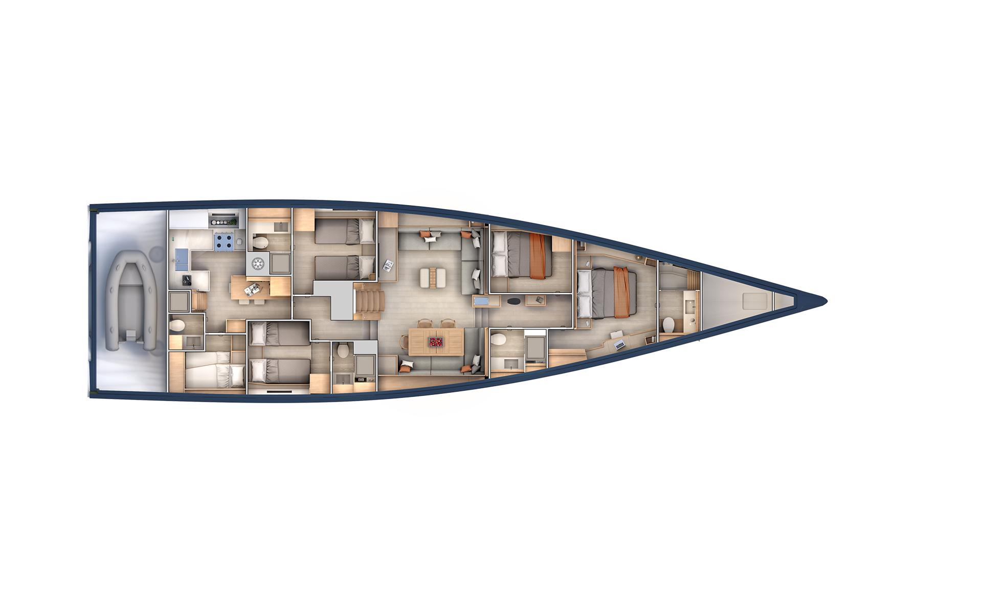 Lower deck plan of the Long Cruise, cabins along both sides with the saloon amidships