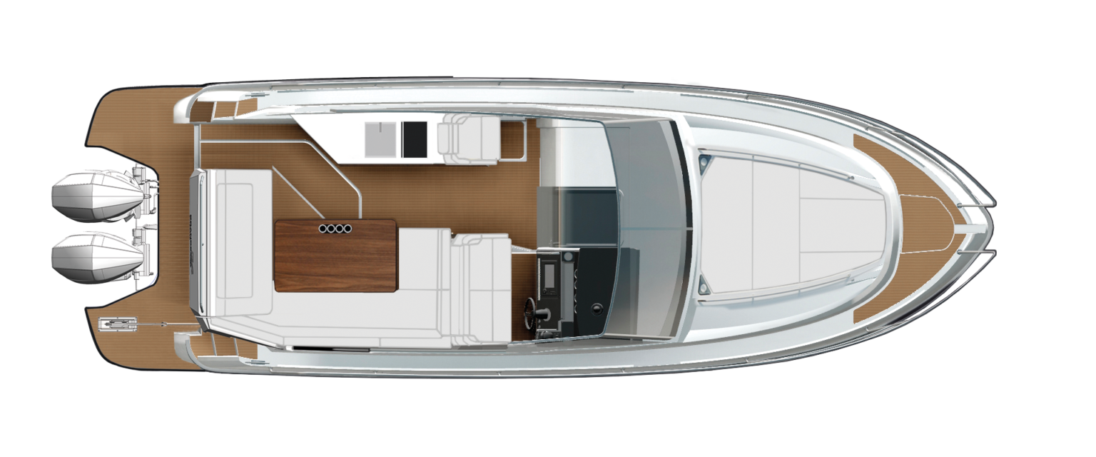 Main deck plan seen from above, the helm and its seating under the windscreen and a bench aft