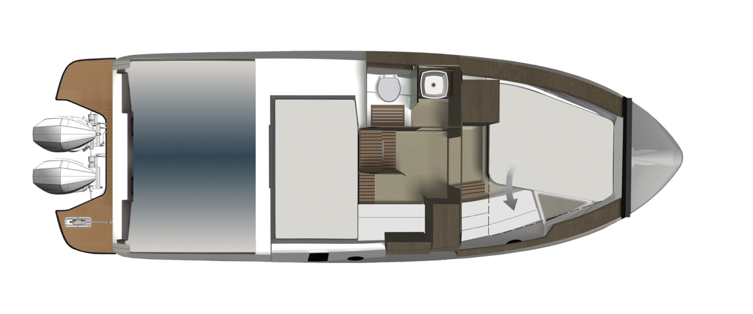 Lower deck plan, a cabin forward with a heads compartment beside it