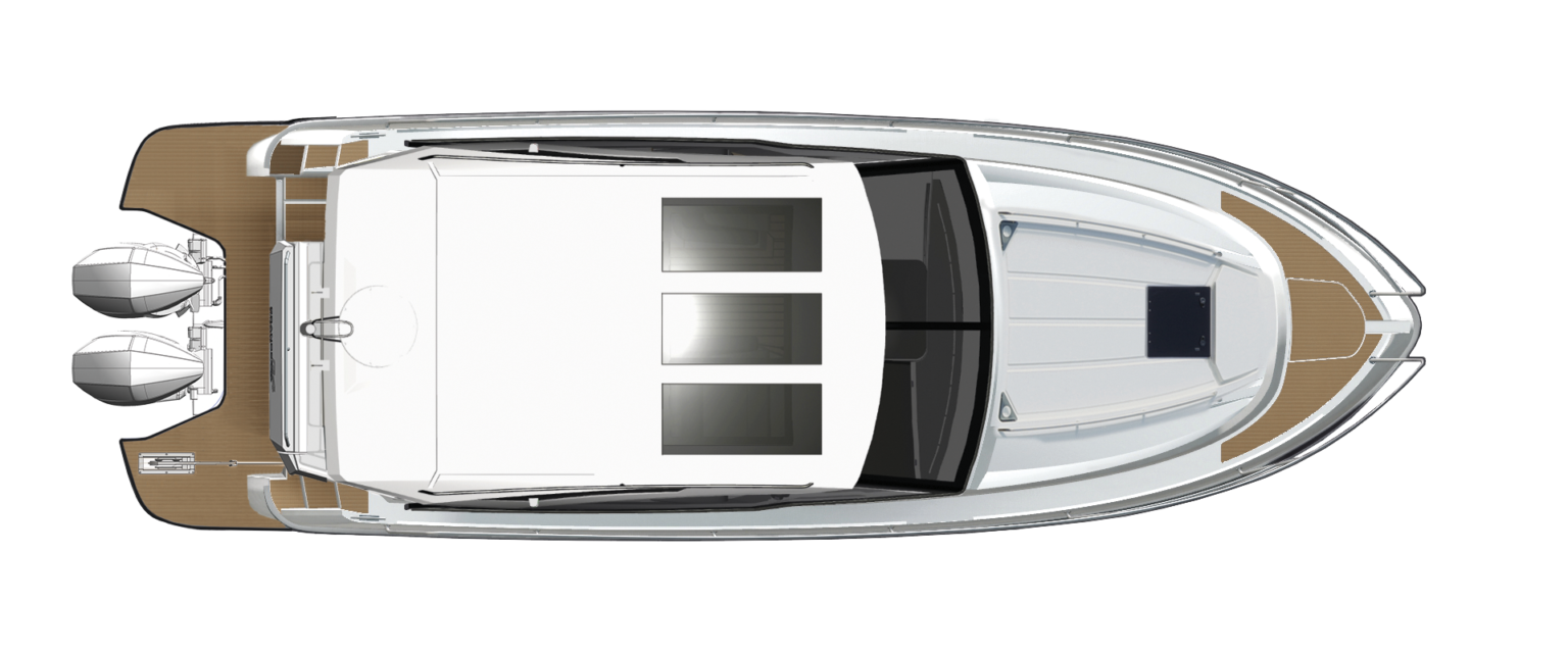 The boat from directly above with the hard top in place over the helm