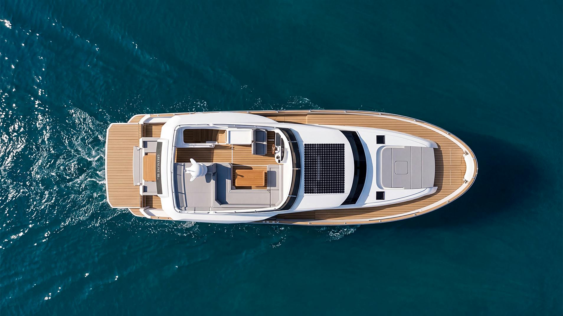 Looking straight down on the flybridge, the solar panel over the deckhouse and the foredeck